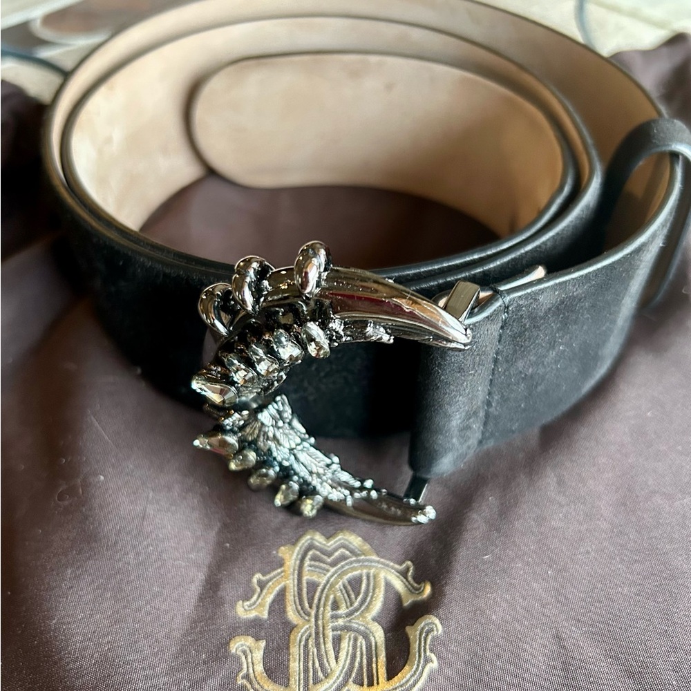 Roberto Cavalli black sued belt with an ornate crystal - embellished buckle